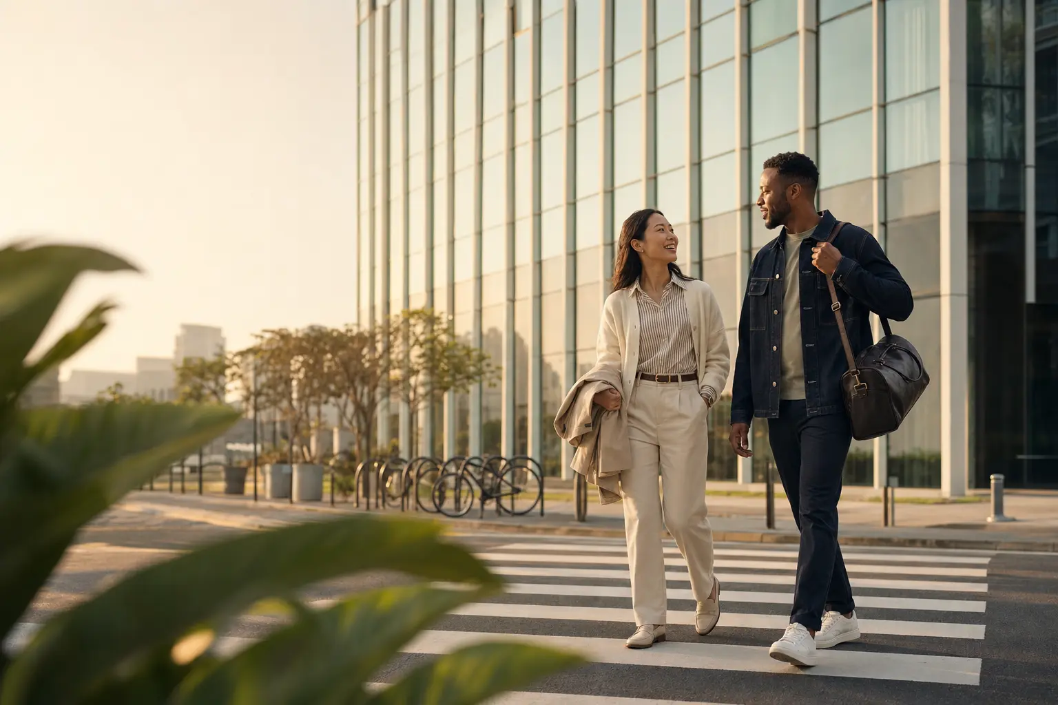 Business travelers walking after a compliant trip booked with Vantis