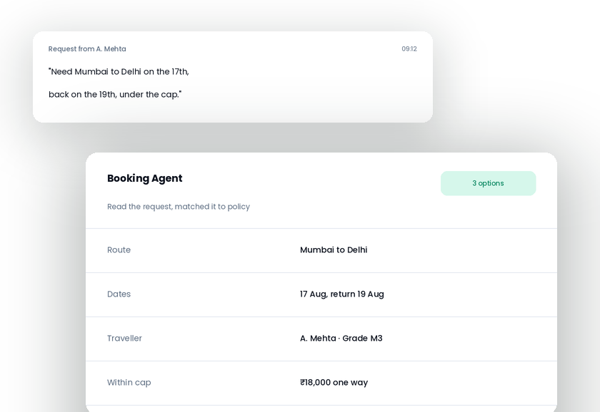 Booking Agent reading a plain-language request and matching it to policy with three in-policy options
