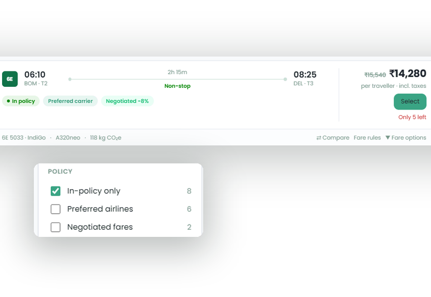 Flight result showing an in-policy, preferred-carrier fare with a negotiated discount