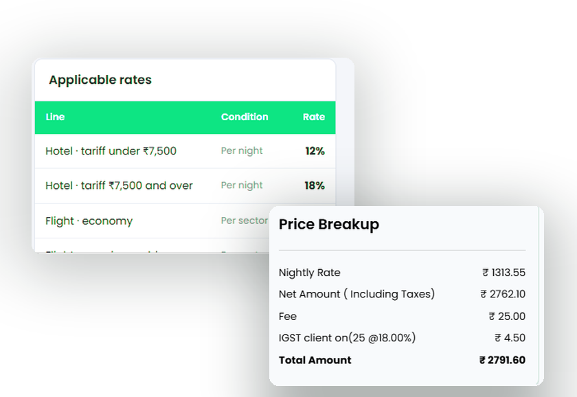 Tax settings showing GST registration and applicable rates by line item