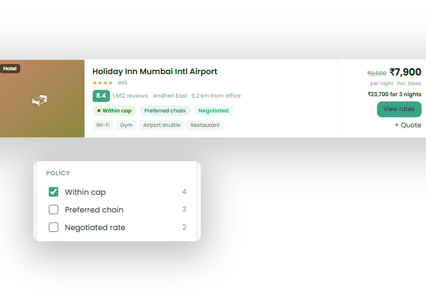 Search result showing a negotiated corporate rate on a hotel listing
