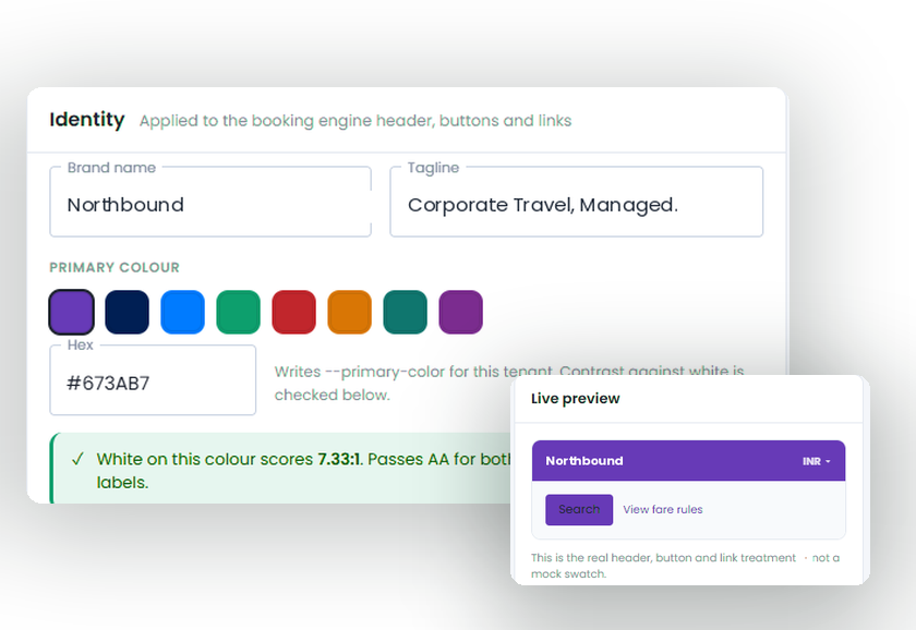 Brand identity settings showing a TMC's name, color, and live header preview