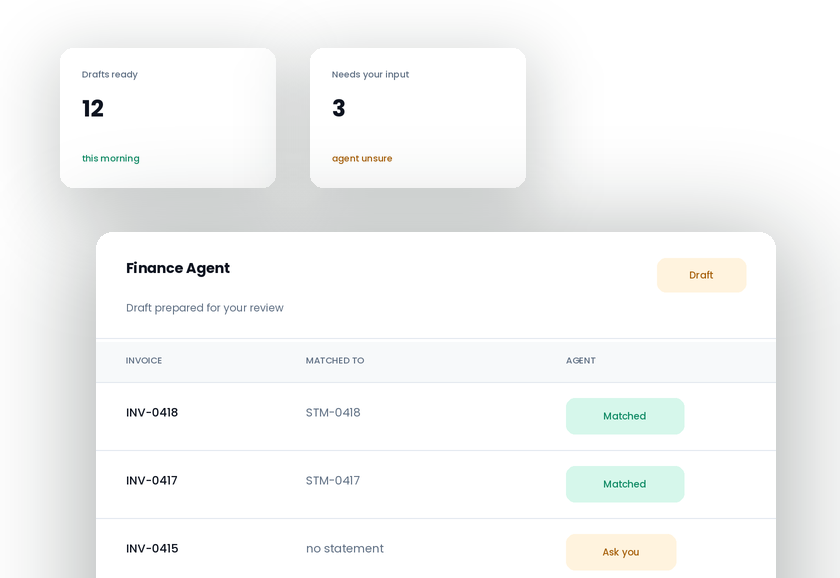 Finance Agent draft showing invoices matched to statements, with one flagged to ask you