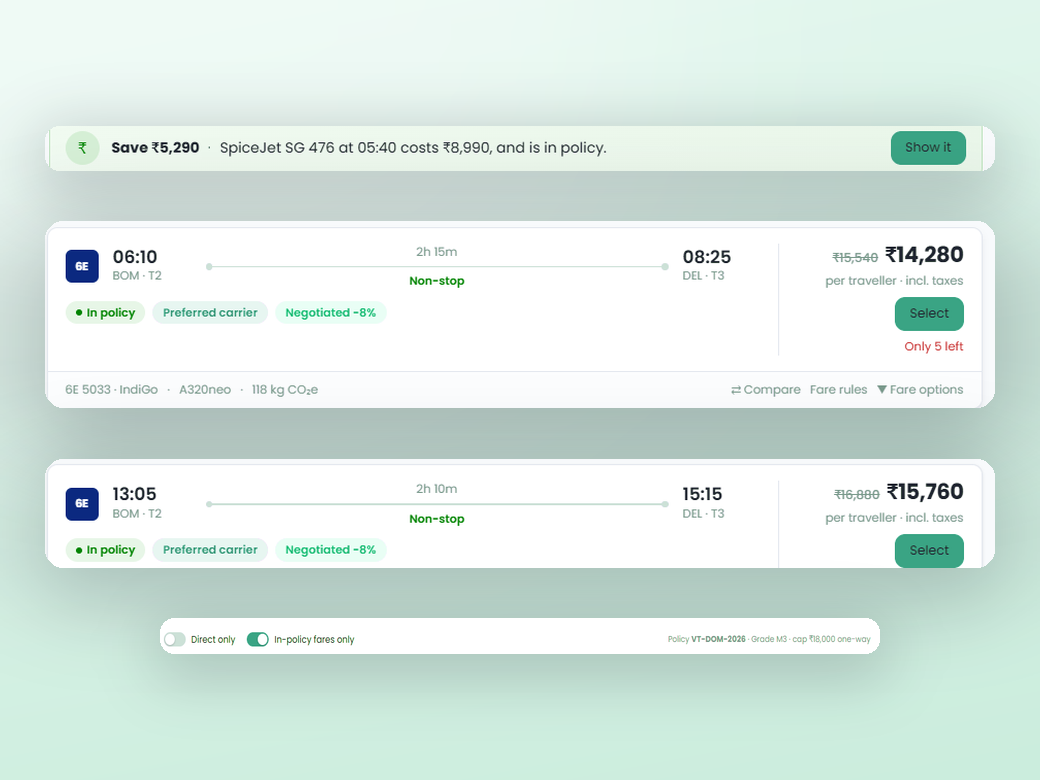 Flight search showing an in-policy fare highlighted