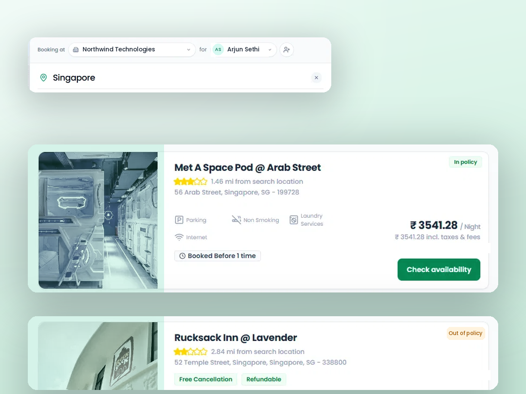 Hotel search results in Singapore showing in-policy and out-of-policy properties